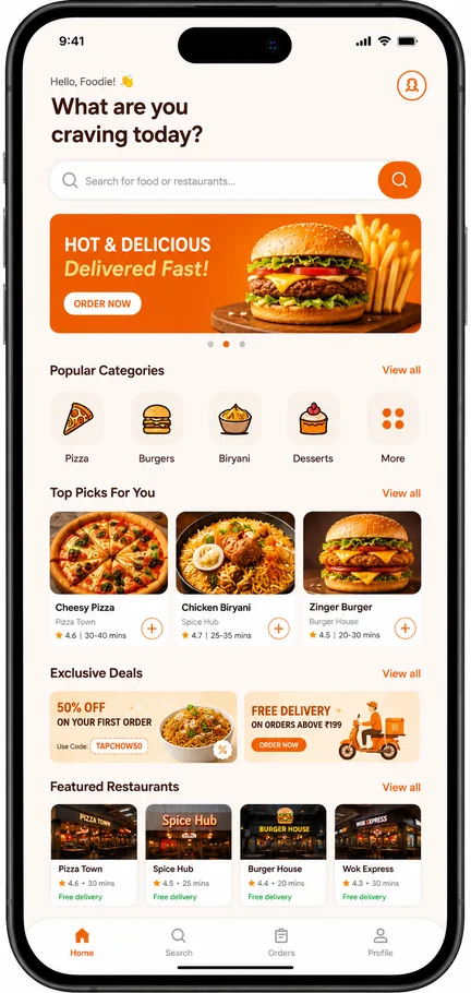TapChow customer app home screen showing food categories and restaurants
