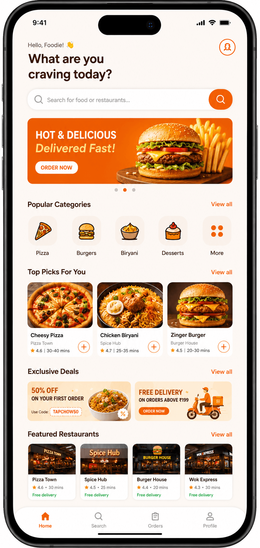 TapChow customer app home screen showing food categories and restaurants