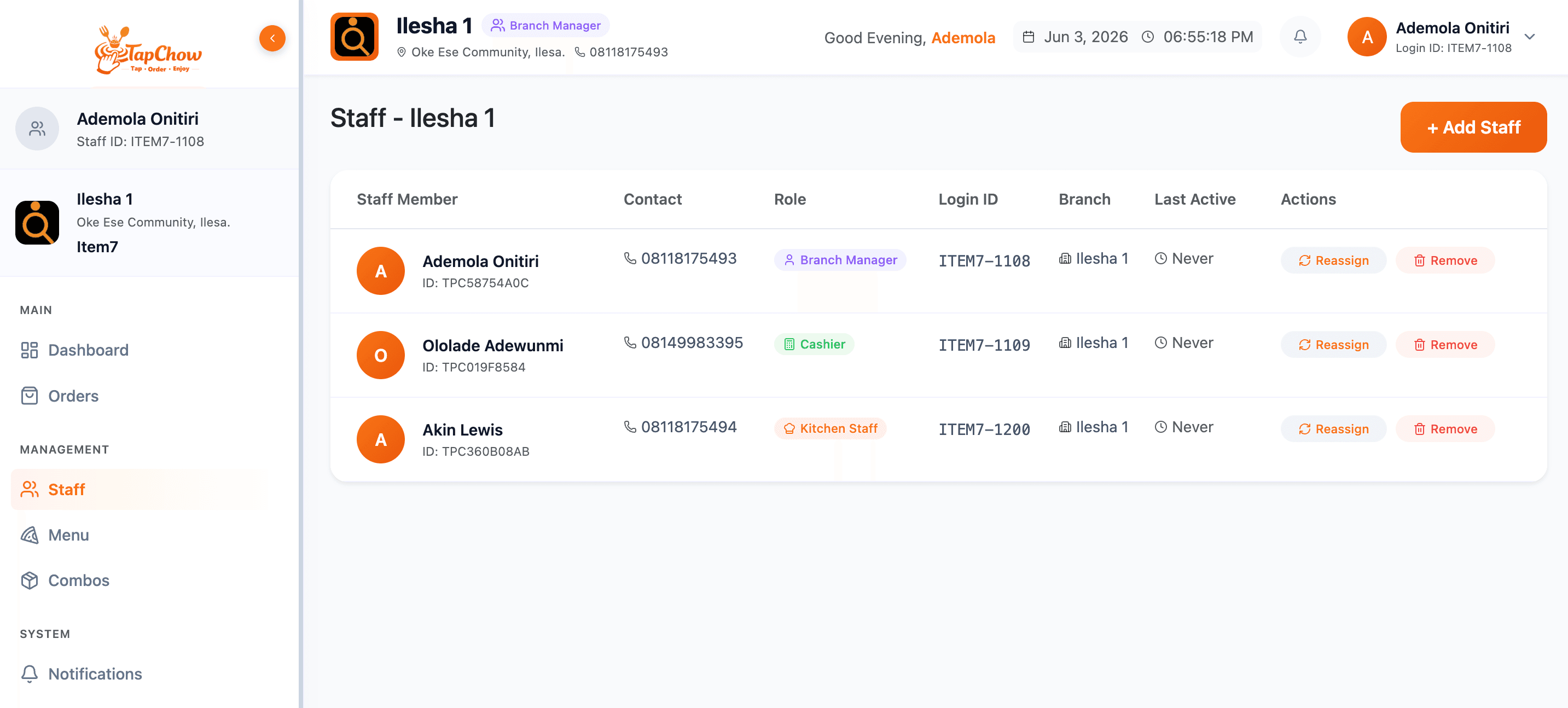 TapChow business dashboard overview